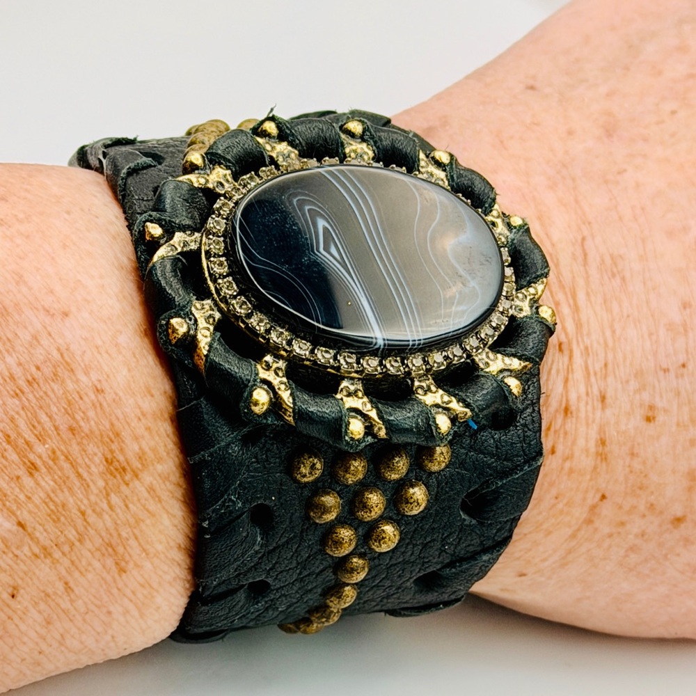 Leatherock Black and Gold Leather & Agate Snap Bracelet Goth Biker